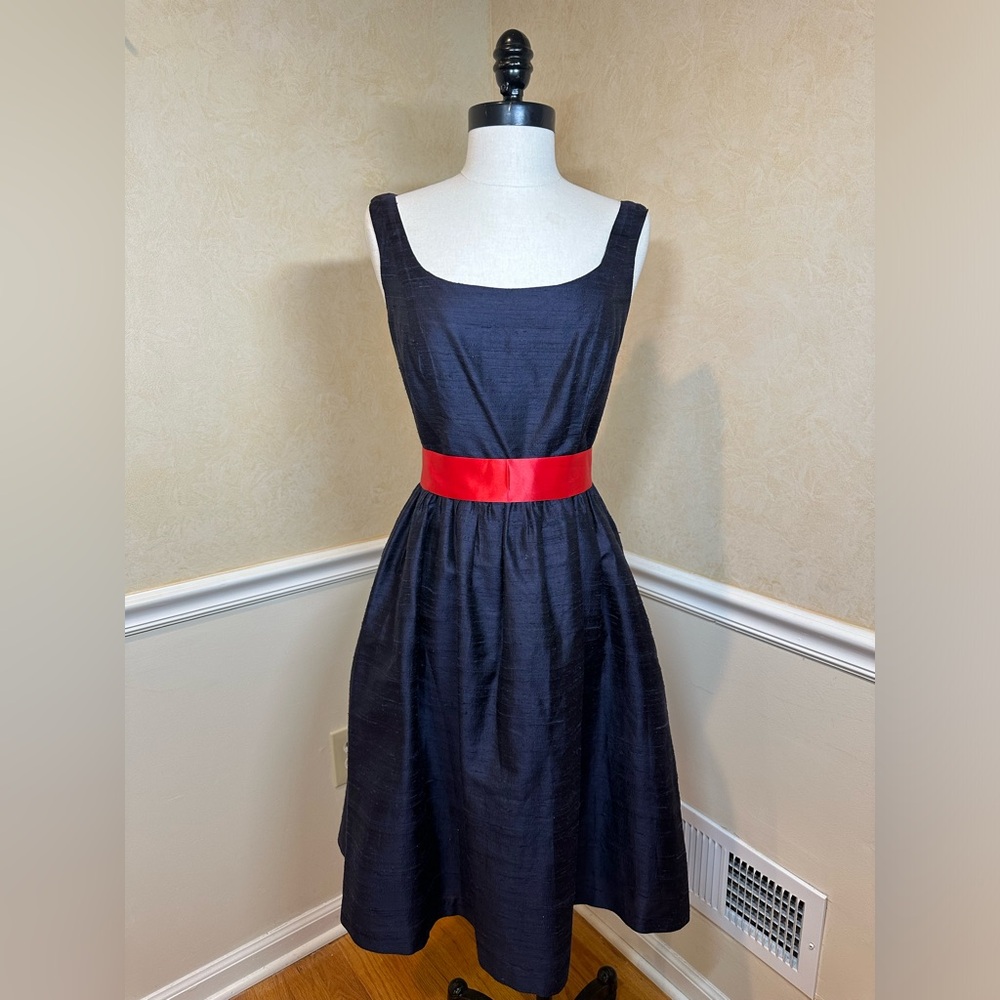 Lula Kate Navy Blue Square Neck Silk Formal Cocktail Dress